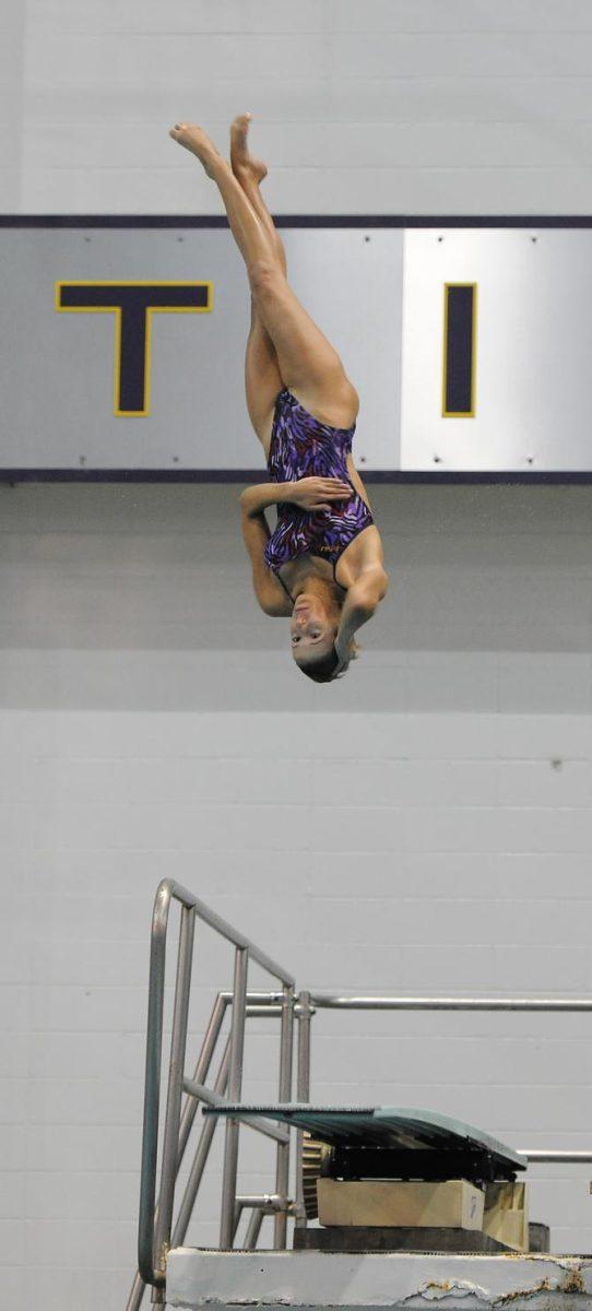 LSU freshman diver Cassie Weil dives on Saturday, Oct. 27, 2012 in the LSU Natatorium from the three meter diving board against North Carolina State.