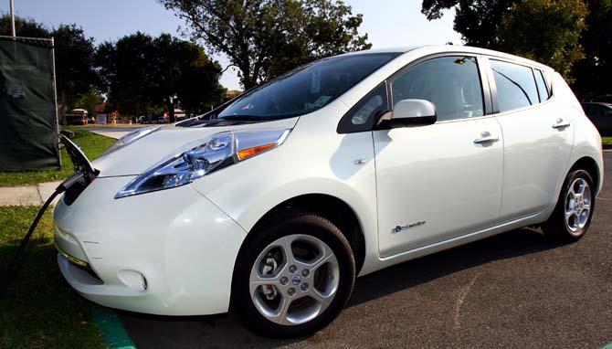 A Nissan Leaf charges Monday, Oct. 8, 2012 in the Nicholson Extension commuter lot.
 