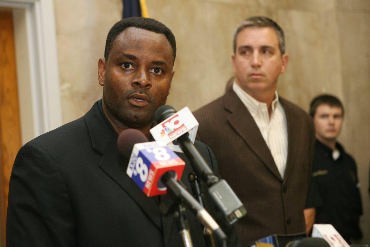 Winnsboro Police Chief Lester Thomas speaks during a news conference at the Franklin Parish Courthouse in Winnsboro, La. on Tuesday, Oct. 23, 2012 announcing that Sharmeka Moffitt fabricated a story about being attacked and burned Sunday night at Civitan Park. Forensic evidence indicates that a 20-year woman suffering from extensive burns set herself on fire then invented a story about being doused in flammable liquid by three men who she said also wrote the initials KKK and a racial slur on her car, state police said Tuesday. (AP Photo/The News-Star, Arely D. Castillo)