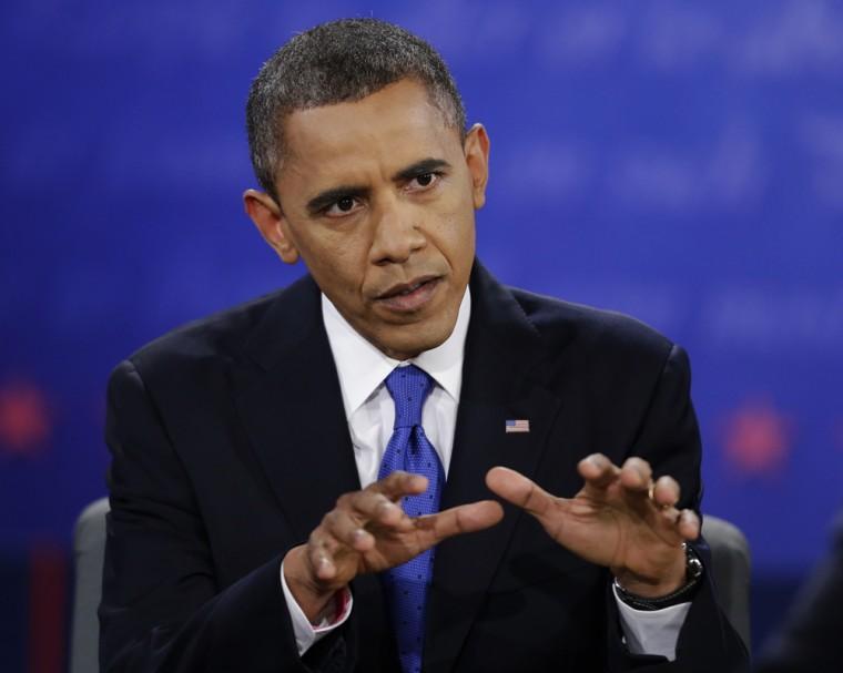 President Barack Obama speaks during the third presidential debate with Republican presidential nominee Mitt Romney at Lynn University, Monday, Oct. 22, 2012, in Boca Raton, Fla. (AP Photo/David Goldman)
 