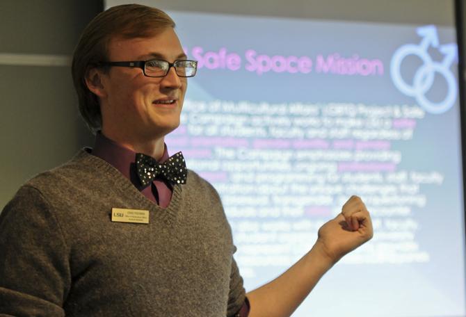 Chad Freeman, Graduate Assistant for the LGBTQ Project "Safe Space", provides the audience with the campaign's mission on Saturday, Oct. 27, 2012 in the International Room of the Student Union.
 