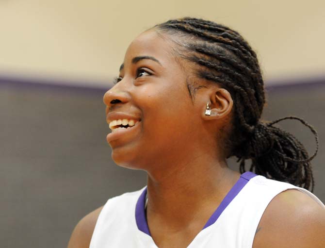 LSU freshman guard Kuaneshia Baker speaks with reporters during Basketball Media Day in the Basketball Practice Facility on Wednesday afternoon.
 