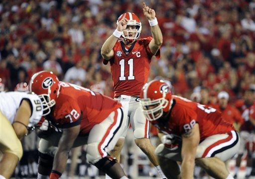 Georgia quarterback Aaron Murray (11) calls signals against Vanderbilt during the second quarter of an NCAA college football game, Saturday, Sept. 22, 2012, in Athens, Ga. (AP Photo/John Amis)
 