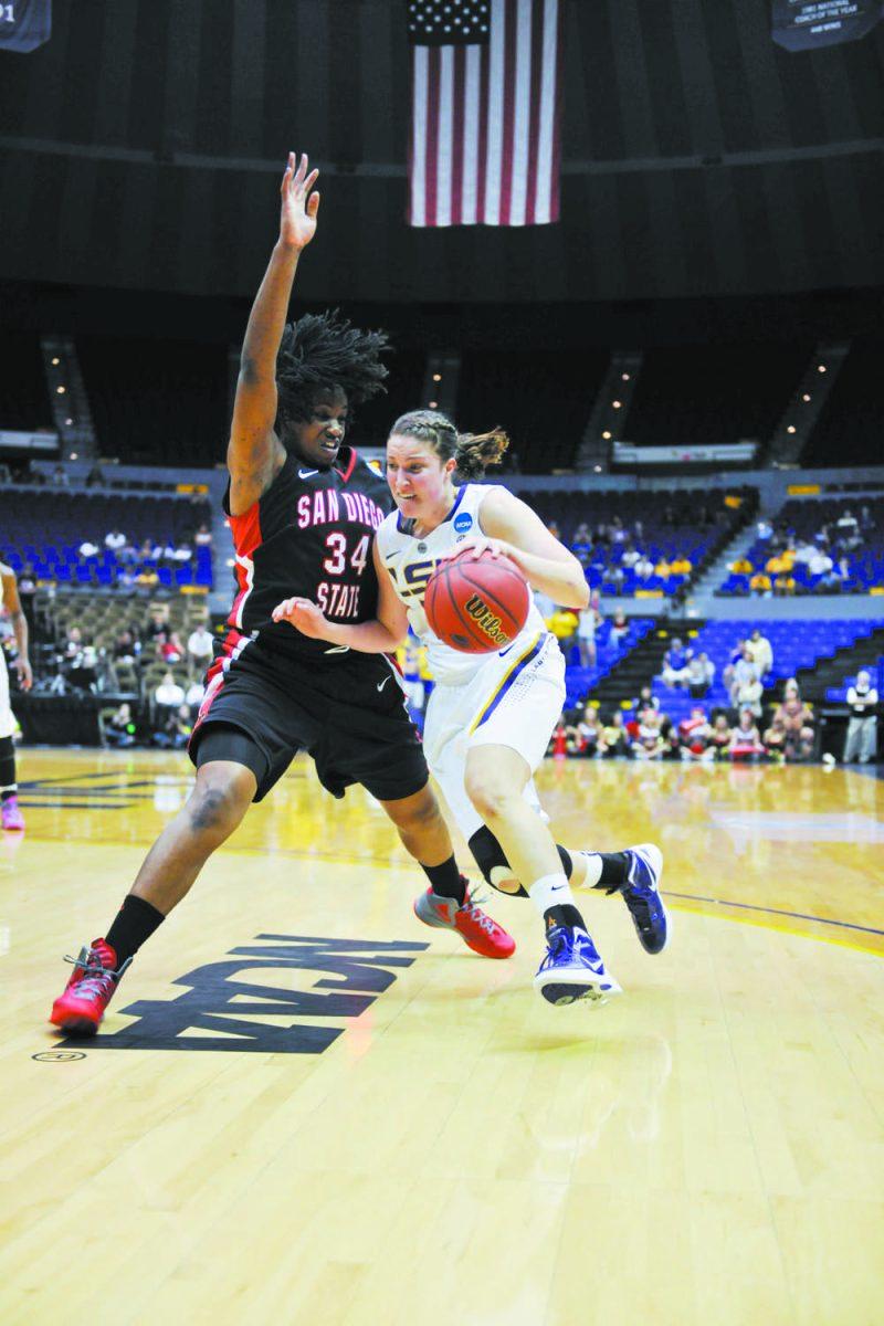 LSU sophomore guard Jeanne Kenney (5) moves past a SDSU defender March 18 during the Tigers' 64-56 NCAA tournament victory in the PMAC.