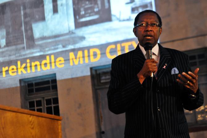 Baton Rouge mayor-president Kid Holden speaks Monday, Oct. 8, 2012, at rekindleMIDCITY, a community potluck of food, stories and people at one of Mid City's oldest fire stations. The event was put together by students in LSU's School of Architecture.
 