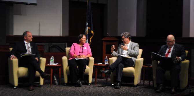 (From left to right) Representative John Bel Edwards and Senator Karen Carter Peterson represented the state Democratic Party on Tuesday, Oct. 23, while Senator Dan Claitor and Agriculture Commissioner Mike Strain represented the state Republican Party at &#8220;A Conversation About the Issues in the Presidential Election&#8221; at the LSU Law Center.
 