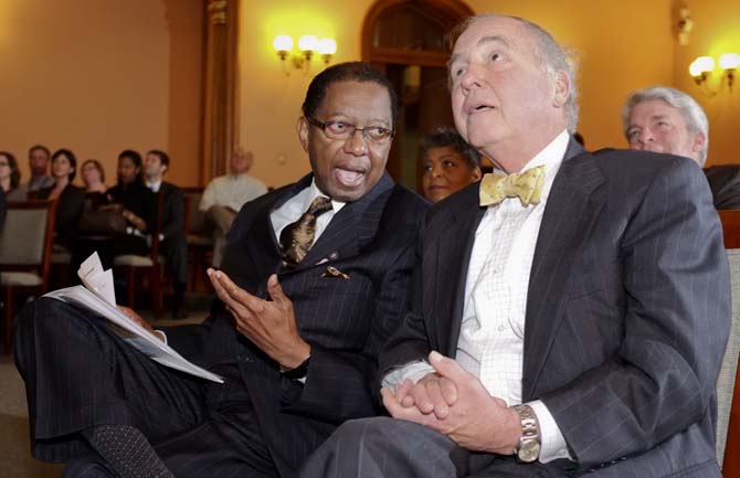 Mayor-President Kip Holden and Board Chairman John Noland speak after the Redevelopment Authority's Press Conference at the Old State Capital Thursday, Oct. 18, 2012.
 