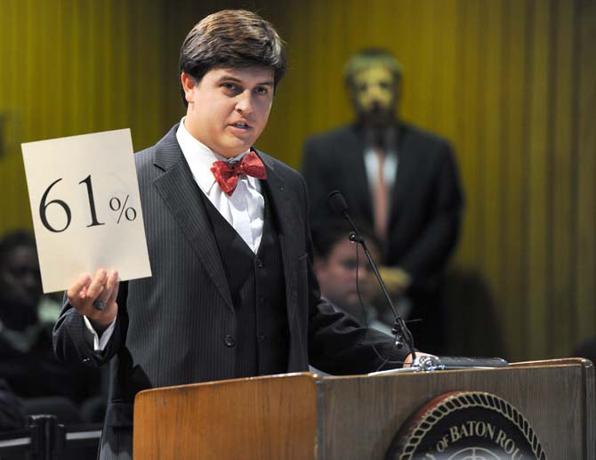 Dixon McMakin, graduate student, voices his opinion in support of repealing Louisiana's Blue Laws. He said 61 percent of people surveyed in East Baton Rouge Parish supported repealing the laws in the past.
 