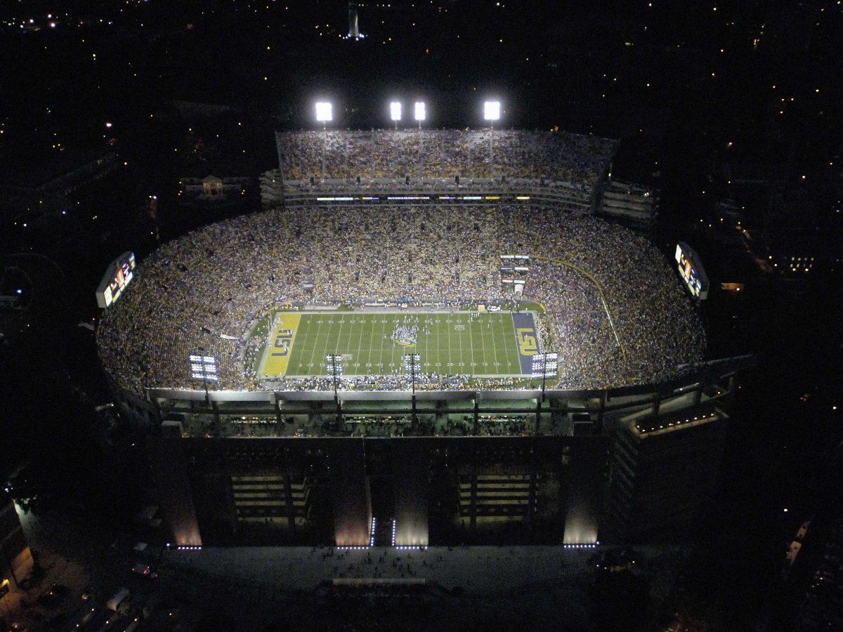 LSU&#8217;s Tiger Stadium is shown from the air during the second half of the LSU-Florida&#160;game in Baton Rouge on Oct. 7, 2007.