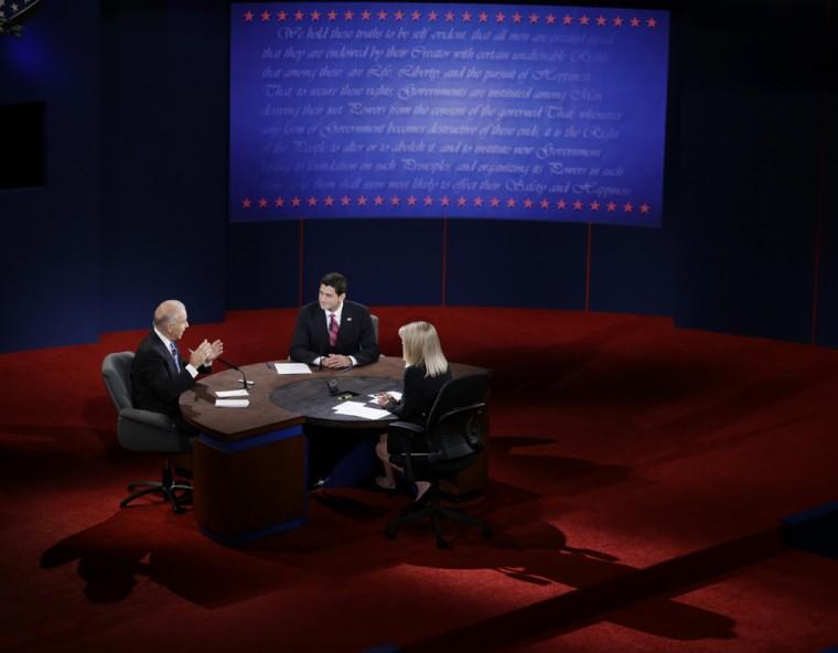 Vice President Joe Biden and Republican vice presidential nominee Rep. Paul Ryan of Wisconsin participate in the vice presidential debate at Centre College, Thursday, Oct. 11, 2012, in Danville, Ky. (AP Photo/Mark Humphrey)
 