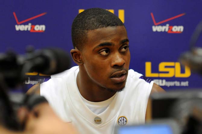 LSU sophomore guard Anthony Hickey talks to the media during Basketball Media Day at the Basketball Practice Facility on Wednesday afternoon.
 