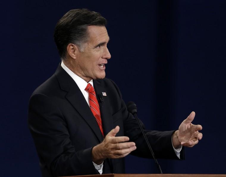 Republican presidential nominee Mitt Romney answers a question during the first presidential debate at the University of Denver, Wednesday, Oct. 3, 2012, in Denver. (AP Photo/Charlie Neibergall)
 