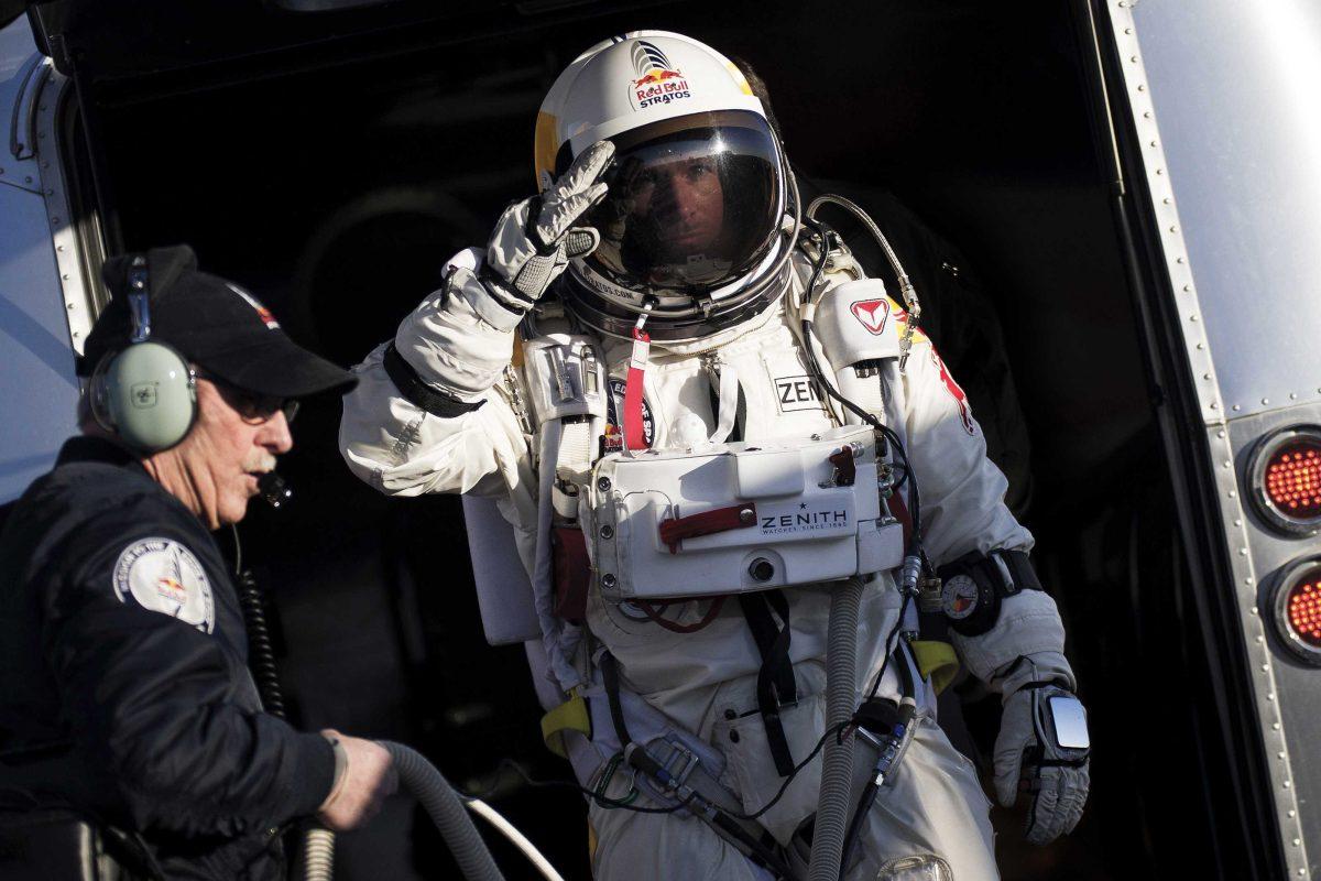 FILE - In this Thursday, March 15, 2012 file photo provided by Red Bull Stratos, Felix Baumgartner salutes as he prepares to board a capsule carried by a balloon during the first manned test flight for Red Bull Stratos in Roswell, N.M. On Monday, Oct. 8, 2012 over New Mexico, Baumgartner will attempt to jump higher and faster in a free fall than anyone ever before and become the first skydiver to break the sound barrier. (AP Photo/Red Bull Stratos, Joerg Mitter)