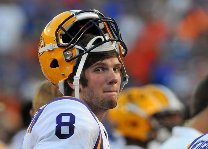 LSU quarterback Zach Mettenberger (8) reacts to the final score Saturday, Oct. 6, 2012 during the end of the Tigers' 14-6 loss against the Gators in Ben Hill Griffin Stadium in Gainesville.
 