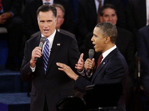 President Barack Obama and Republican presidential candidate and former Massachusetts Gov. Mitt Romney participate in the second presidential debate at Hofstra University in Hempstead, N.Y., Tuesday, Oct. 16, 2012. (AP Photo/Charles Dharapak)
 