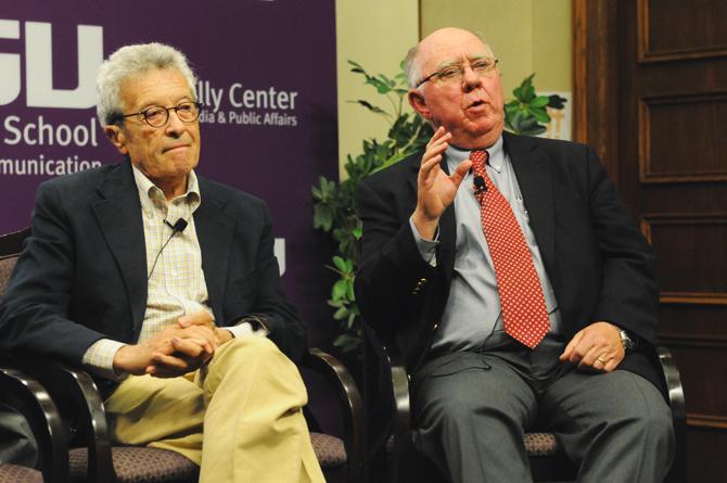 Gerald Rafshoon and Ray Strother conversed at the presidential campaign analysis held in the Holiday Forum.
 