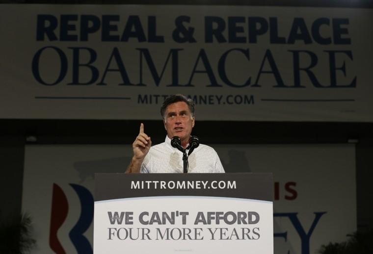 Republican presidential candidate and former Massachusetts Gov. Mitt Romney campaigns in Apopka, Fla. on Saturday, Oct. 6, 2012. (AP Photo/Charles Dharapak)
 