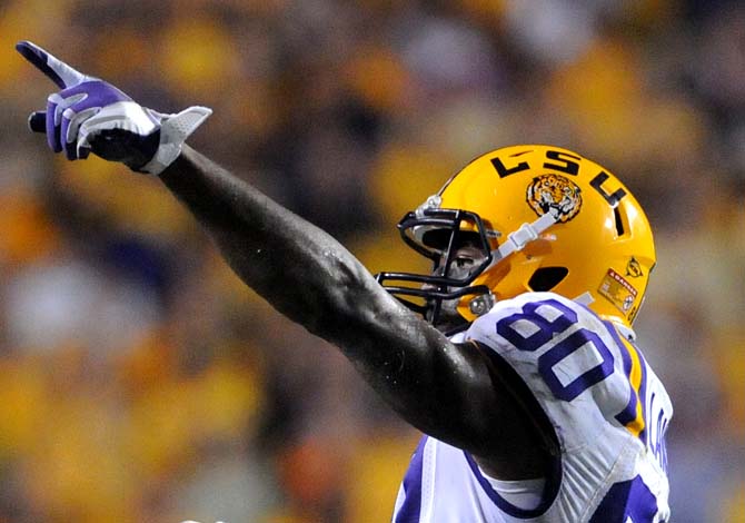 LSU sophomore wide receiver Jarvis Landry (80) celebrates after a catch Saturday, Oct. 13, 2012 during the Tigers' 23-21 win against South Carolina in Tiger Stadium.
 