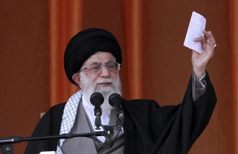 In this photo released by an official website of the Iranian supreme leader's office, Iranian supreme leader Ayatollah Ali Khamenei, speaks at a public gathering on his tour to the northeastern city of Bojnourd, Iran, Wednesday, Oct. 10, 2012. Iran's top leader said Wednesday that European countries are "foolish" to support sanctions against Tehran, telling them they are sacrificing themselves for the sake of the United States. (AP Photo/Office of the Supreme Leader)
 