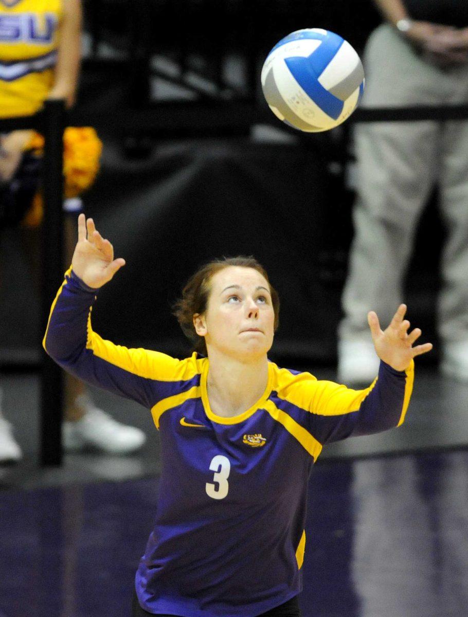 LSU senior defensive specialist Sam Delahoussaye serves the ball Wednesday, Oct. 3, 2012 during the Tigers' match against Georgia in the PMAC.