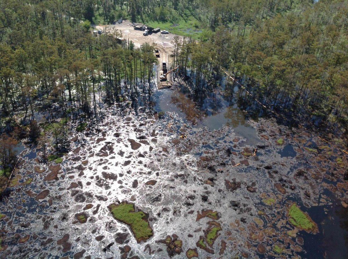 In this undated photo provided by the Louisiana State Police via The Advocate, shallow wells will be drilled in the vicinity of the sinkhole that emerged Aug. 3 in Assumption Parish swamplands in Bayou Corne, La.. The wells will be used to monitor the amount of natural gas being carried by an underground aquifer atop the Napoleonville Dome near Bayou Corne. (AP Photo/Louisiana State Police via The Advocate)