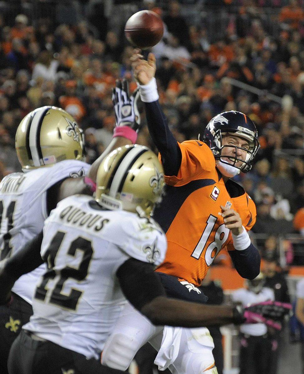 Denver Broncos quarterback Peyton Manning (18) throws a pass for a touchdown against the New Orleans Saints in the third quarter of an NFL football game, Sunday, Oct. 28, 2012, in Denver. (AP Photo/Jack Dempsey)