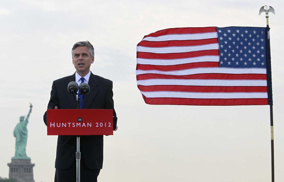 Former Utah Gov. Jon Huntsman announces GOP bid at Liberty State Park, Tuesday, June 21, 2011 in Jersey City, N.J. Huntsman joined the Republican presidential contest on Tuesday, pledging to run a civil campaign and claiming that he and President Barack Obama both love the United States but have different visions of its future. (AP Photo/Mel Evans)