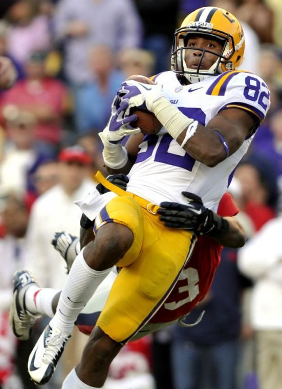 LSU junior wide rreciever James Wright (82) catches a pass on Saturday, Nov. 17, 2012 in the 41-35 victory over Ole Miss in Tiger Stadium
 