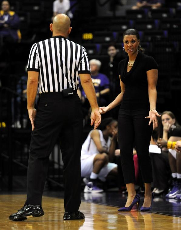 LSU women's basketball coach Nikki Caldwell speaks to a referee Nov. 11, 2012 during the Lady Tiger's 72-70 win over Wichita State.
 