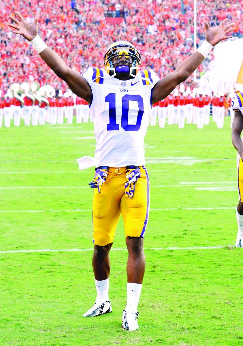 LSU senior wide receiver Russell Shepard (10) hypes up the crowd before the Tigers' 12-10 victory over Auburn on Saturday Sept. 22, 2012 in Jordan-Hare Stadium.