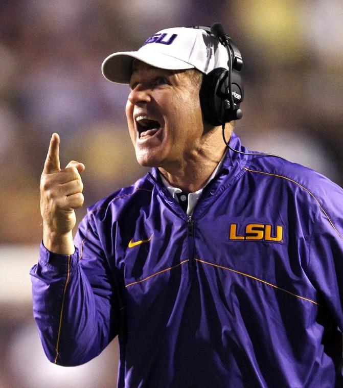 LSU head coach Les Miles calls out to in the second half of their NCAA college football game against Mississippi in Baton Rouge, La., Saturday, Nov. 17, 2012. LSU won 41-35.
 