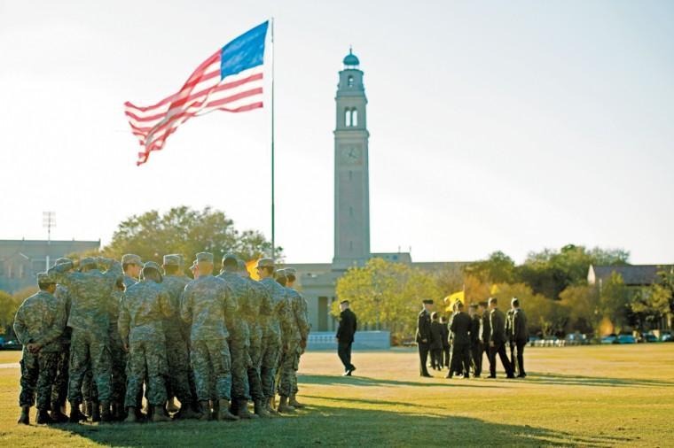 LSU Salutes prepare for Veterans day on the parade grounds Thursday evening.
 