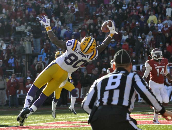 LSU sophomore wide receiver Jarvis Landry (80) makes a leaping catch to score a touchdown during the game against Arkansas on November 23, 2012 in Fayetteville.
 