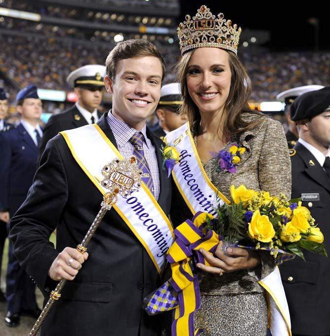 2012 LSU homecoming king Taylor Cox and queen Kendall Knobloch pose together Saturday November 10, 2012 in Tiger Stadium.
 