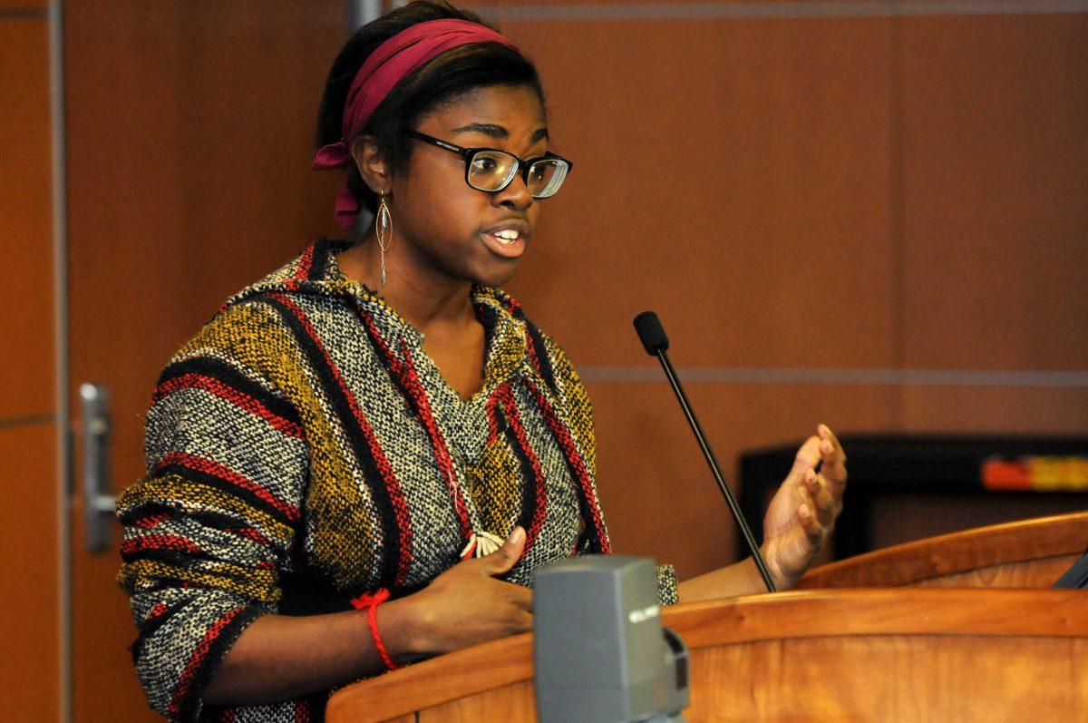 Kahlah Williams, Humanities and Social Sciences college council vice-president, speaks to the Student Government Senate Wednesday, Nov. 7, 2012 in the Student Union Capital Chamber.