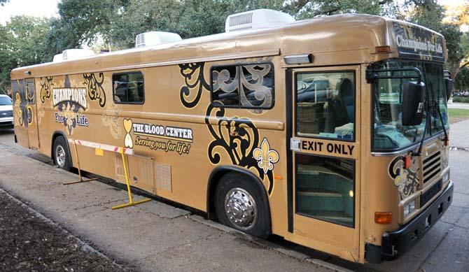 A fleur-de-lis themed Blood Center bus sits on Tower Drive on November 12, 2012.
 