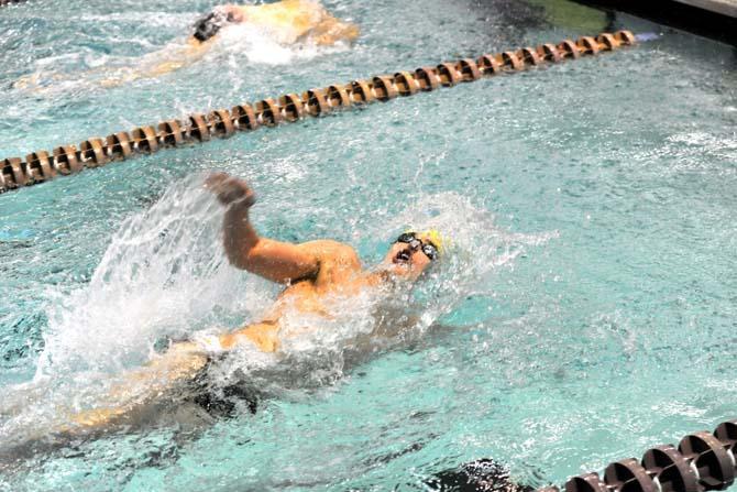 LSU freshman Grant Grenfell swims the men's 200-yard backstroke during the swim meet against Alabama on November 2, 2012.
 