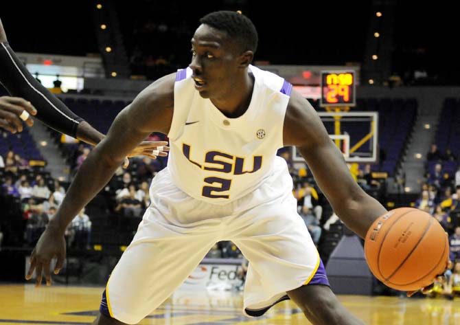 LSU sophomore forward Johnny O'Bryant III (2) dribbles past a defender during the Tiger's 75-50 win over Mississippi Valley State on November 24, 2012.
 