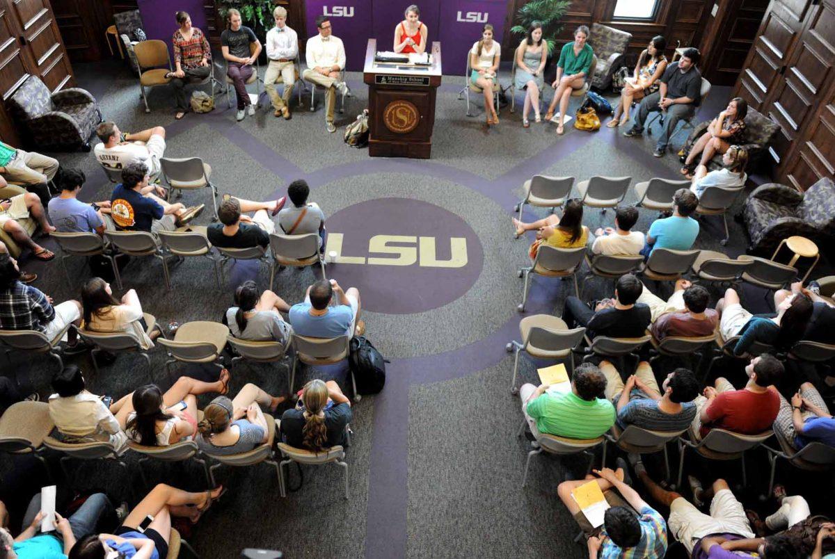 Andrea Gallo, editor-in-chief of The Daily Reveille, greets Reveille employees during the first day of training for the Fall 2012 semester staff Thursday, Aug. 10, 2012 in the Holliday Forum of the Journalism Building.