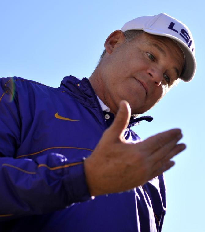 LSU head coach Les Miles walks off the field on Saturday, Nov. 17, 2012 in the 41-35 victory over Ole Miss in Tiger Stadium.
 