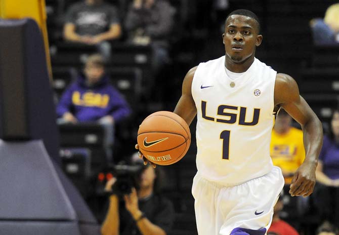 Anthony Hickey, LSU sophomore guard, dribbles the ball down the court Tuesday, Nov. 20, during the LSU vs. Northwestern State game.
 