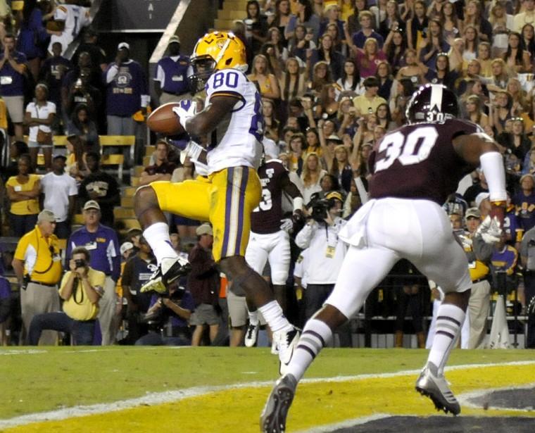 LSU sophomore wide receiver Jarvis Landry (80) scores a touchdown during LSU's 37-17 win over Mississippi State on November 10, 2012.
 