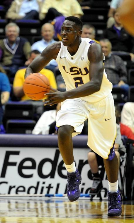 LSU sophomore forward Johnny O'Bryant III drives the ball down court Friday, Nov. 9, 2012 during the Tigers' 77-63 win against UC-Santa Barbara in the PMAC.
 