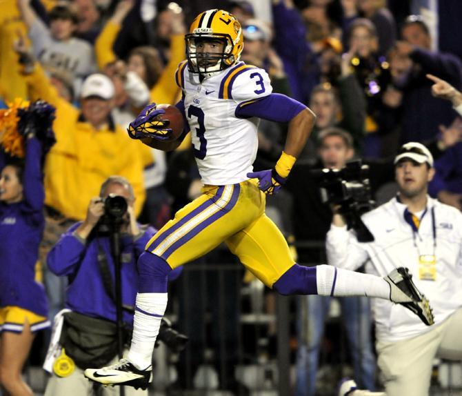 LSU sophomore wide reciever Odell Beckham Jr. (3) runs back a punt on Saturday, Nov. 17, 2012 in the 41-35 victory over Ole Miss in Tiger Stadium.
 