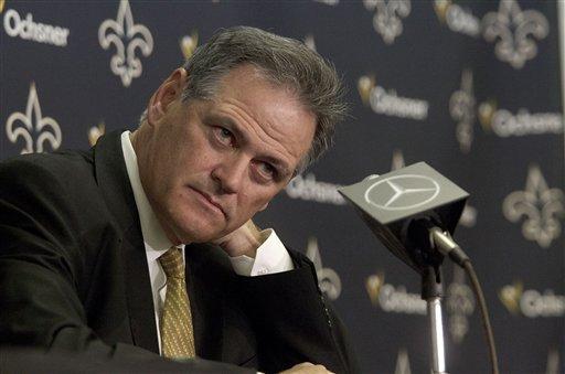 FILE - This April 26, 2012 file photo shows New Orleans Saints general manager Mickey Loomis during a media availability about the NFL draft at the team's training facility in Metairie, La. His eight-game suspension over, Loomis returns to work Tuesday, Nov. 6, 2012, for a Saints franchise that needs to resolve complications with suspended coach Sean Payton's contract. (AP Photo/Matthew Hinton, File)
 