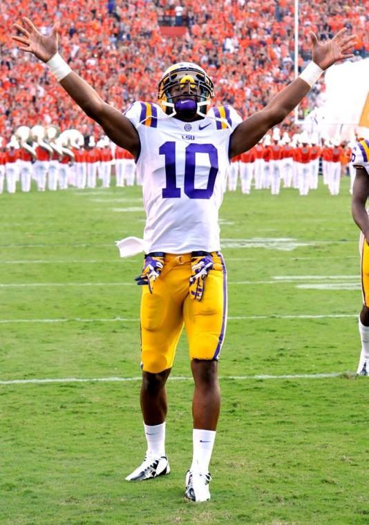 LSU senior wide receiver Russell Shepard (10) hypes up the crowd before the Tigers' 12-10 victory over Auburn on Saturday Sept. 22, 2012 in Jordan-Hare Stadium.