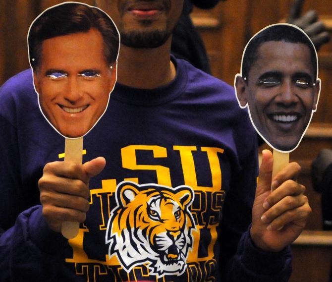 Political heads decorated on Tuesday, Nov. 6, 2012 the Holiday Forum of the Journalism Building for the presidental election watch party.
 