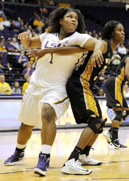 LSU freshman center Derreyal Youngblood (1) boxes out a Wichita State defender during the Lady Tiger's 72-70 win over the Shockers on November 11, 2012.
 