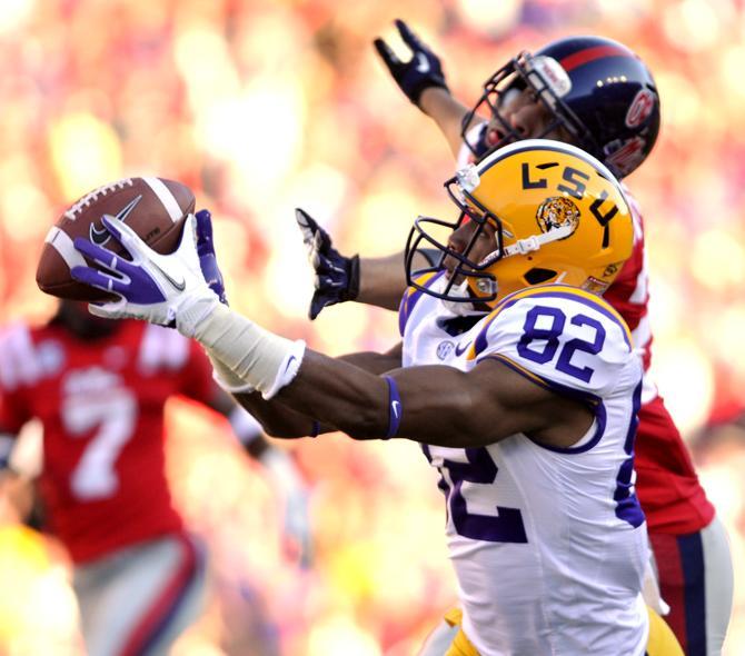 LSU junior wide reciever James Wright makes a 48 yard catch on Saturday, Nov. 17, 2012 in the LSU vs Ole Miss game for a first down.
 