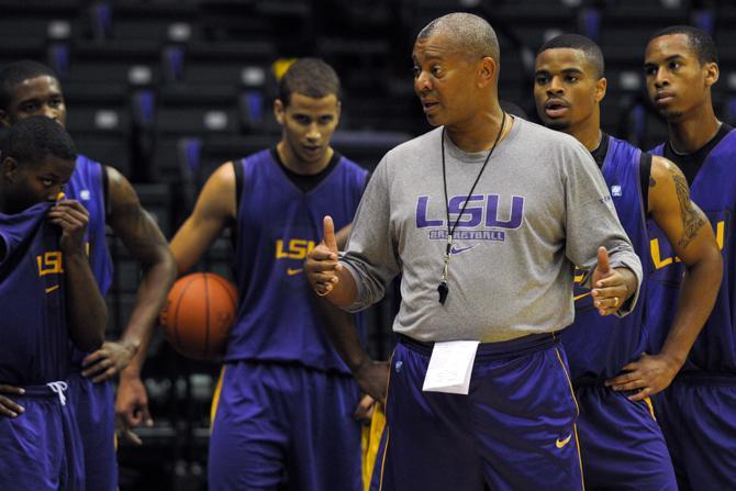 LSU men's basketball head coach Johnny Jones coaches his team Friday, Oct. 12, 2012, during the team's first practice of the season in the PMAC.